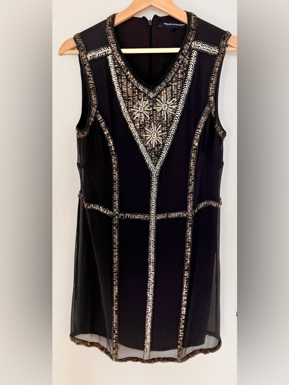 French Connection Black Beaded V-Neck dress